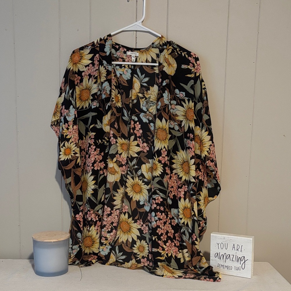 Maurices Black Floral Kimono with Yellow & Pink Blooms